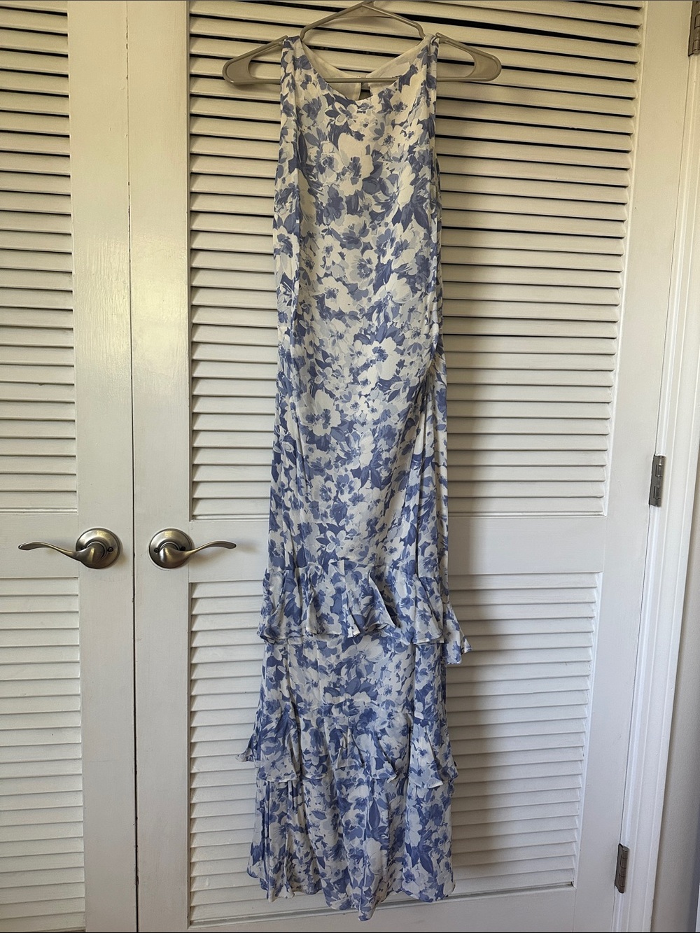 Reformation Blue and White Floral Ruffle Maxi Dress